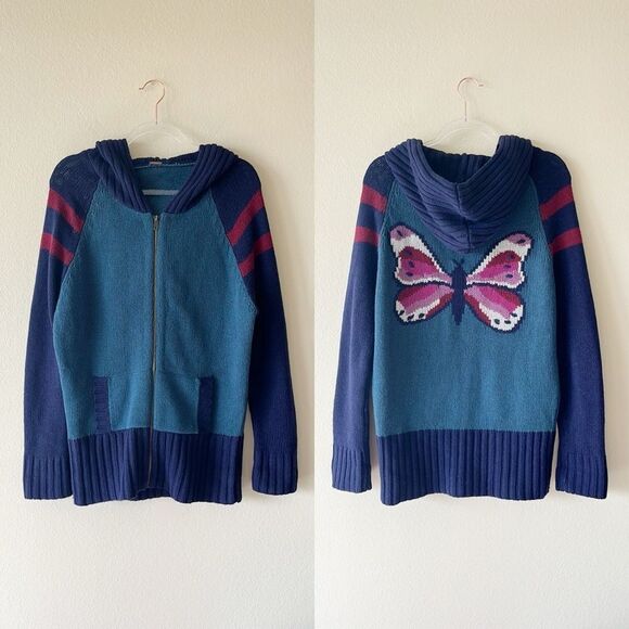 Free People 100% Lambswool Butterfly Hoodie Jacket Boho Knit Zip Up Sweater